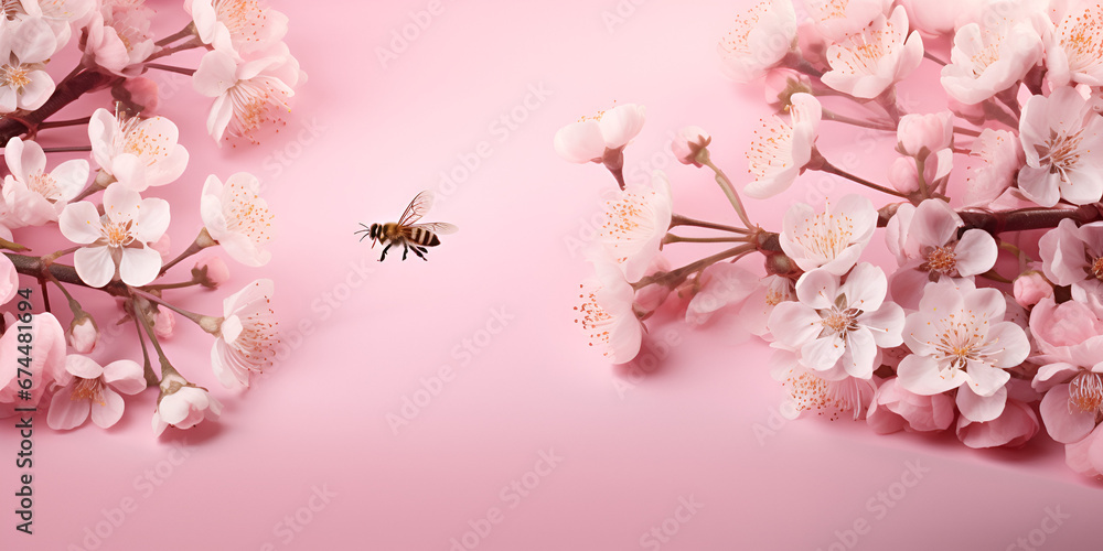 pink cherry blossom in spring,Cherry flowers on pink paper background,Cherry blossoms in full bloom on a pink background ,An image showing pink cherry blossoms and flowers on a light pink background