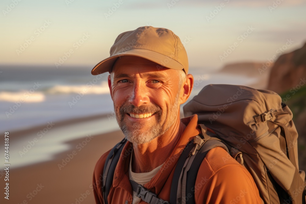 Pleased Man In Beanie Smiles Against Sand Dune Backdrop Pleased Man In Beanie Smiles Against Sand Dune Backdrop