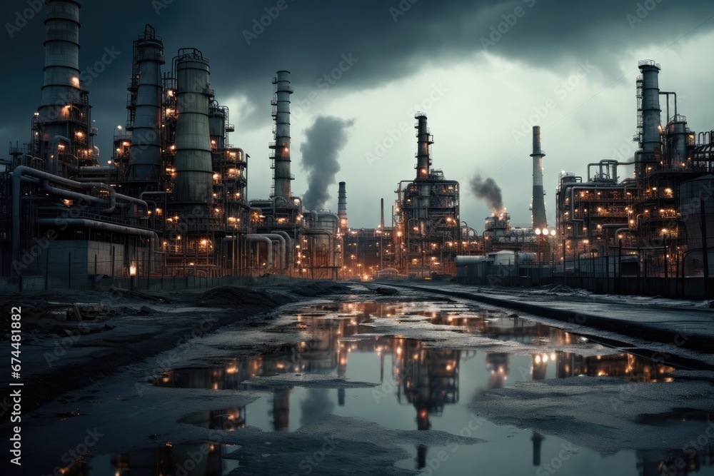 Petrochemical Plant With Reactors And Converters Under Heavy Sky. Сoncept Industrial Landscape, Chemical Processing, Heavy Machinery, Pollution Impact, Petrochemical Industry Petrochemical Plant With Reactors And Converters Under Heavy Sky. Сoncept Industrial Landscape, Chemical Processing, Heavy Machinery, Pollution Impact, Petrochemical Industry