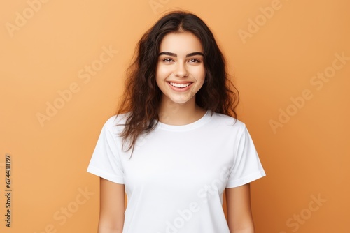 Plus Size Woman Smiling With Blank White Tshirt Mockup © Anastasiia