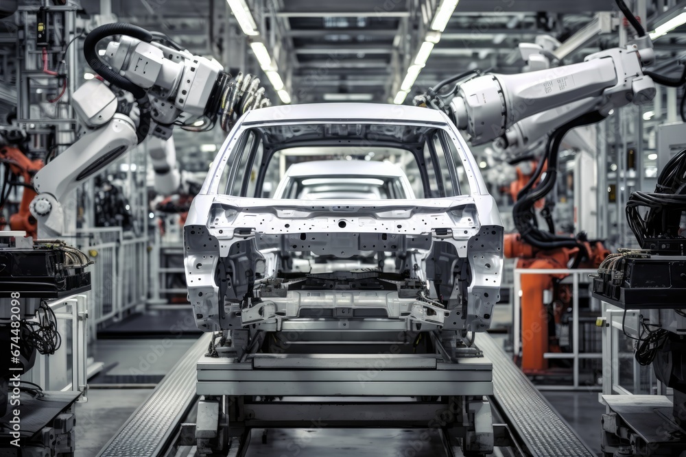 Fototapeta premium Production Line In An Automobile Plant. Сoncept Automated Assembly, Quality Control, Efficient Manufacturing, Robotics In Automotive, Mass Production