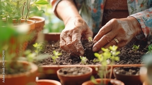 Senior woman cares for plants in eco garden.