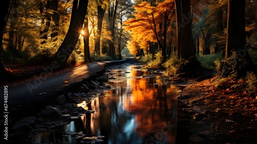 Autumn forest and river  panoramic image. Beautiful autumn landscape