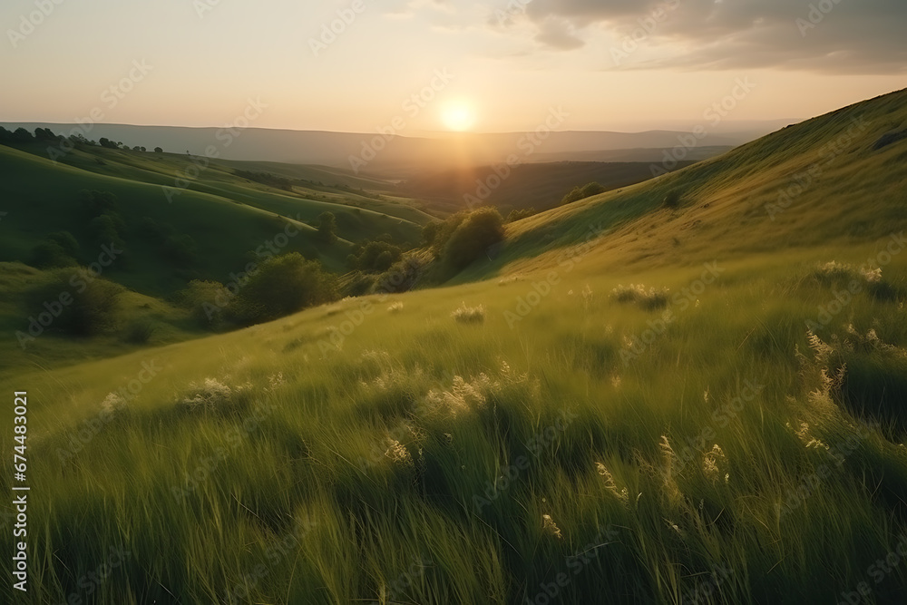 Fototapeta premium Country landscape and wildflowers at sunrise