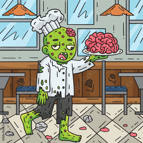 Zombie Holding Brains on a Plate Colored Cartoon 
