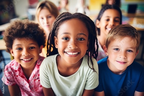 Happy diverse schoolchildren looking at camera. Smiling multiethnic kids posing for group portrait in a classroom of elementary school. Boys and girls of different skin colors go to school together. photo