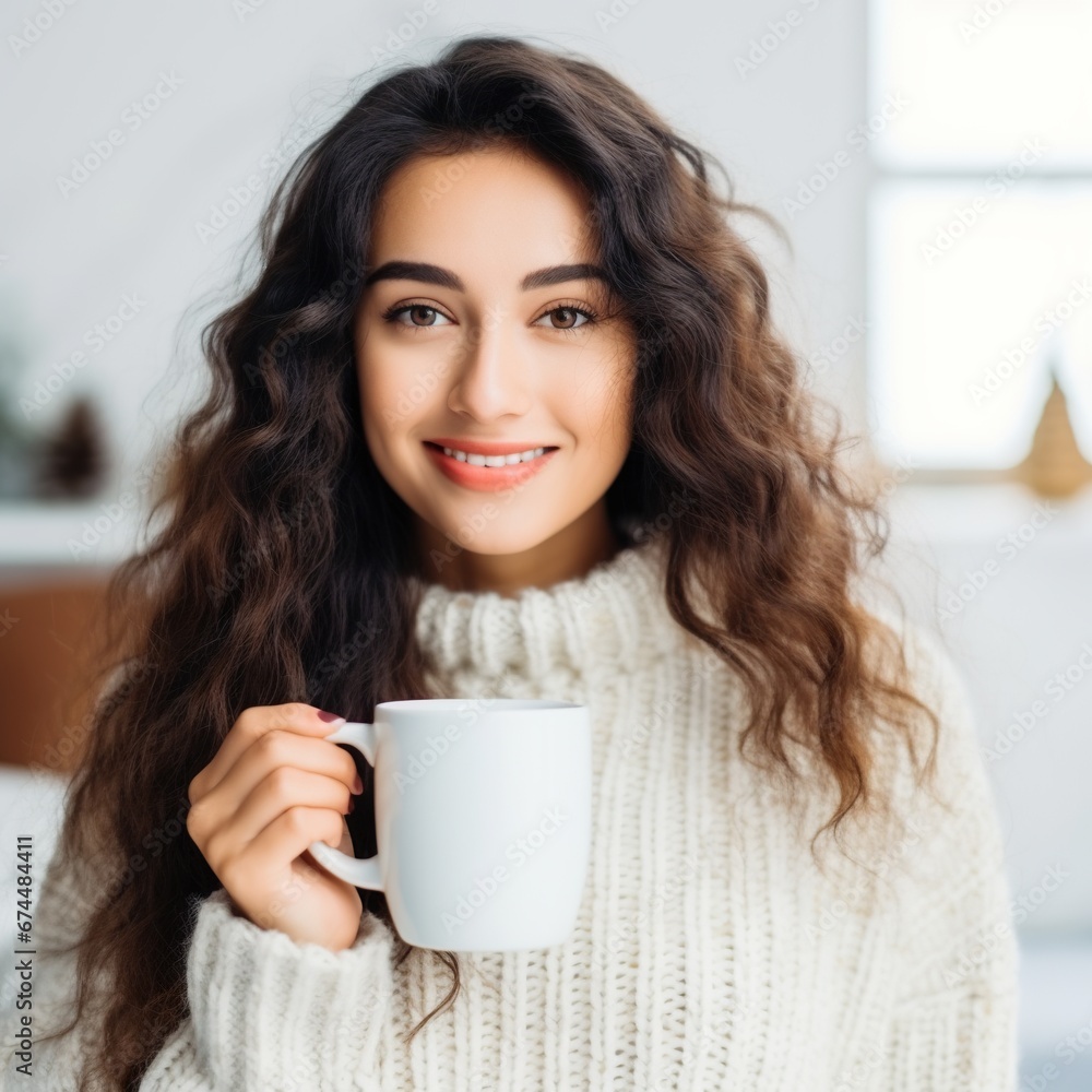 A beautiful woman wearing a high-quality white Bella Canvas 3001 t-shirt for a mockup design A beautiful woman wearing a high-quality white Bella Canvas 3001 t-shirt for a mockup design