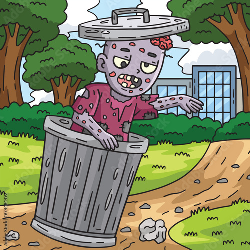 Trash Can Zombie Colored Cartoon Illustration