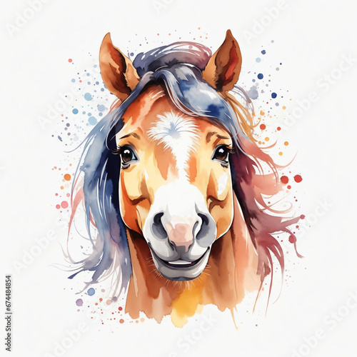 Watercolor cute smiling horse face