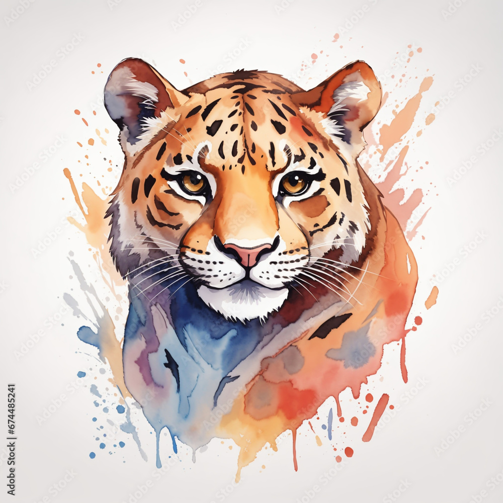 Watercolor cute smiling Panthera face