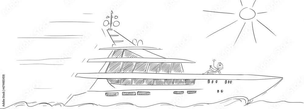 Luxury Yacht on Sea or Ocean, Vector Cartoon Stick Figure Illustration