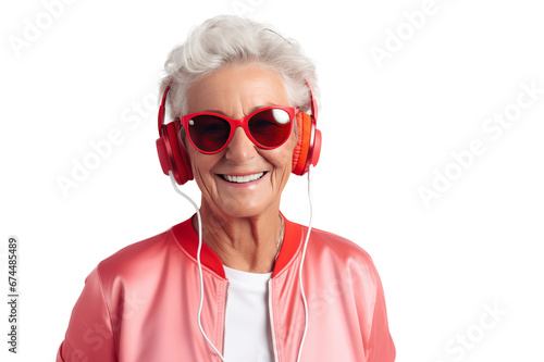Elderly smiling woman in a tracksuit and sunglasses listens to music on headphones. Forever young concept
