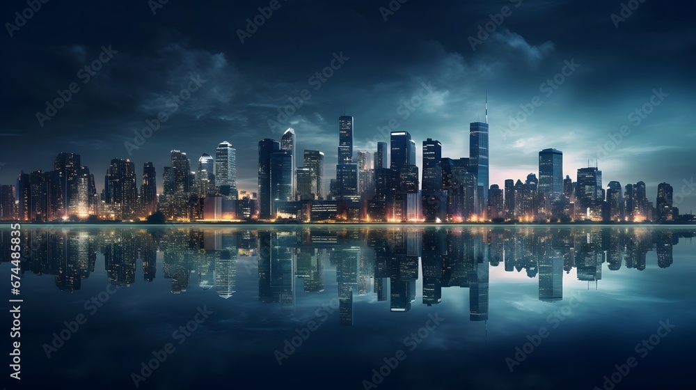 Panoramic view of the city skyline at night with reflection in the water