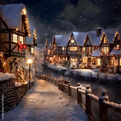 Winter scene in the village. Christmas and New Year holidays background.