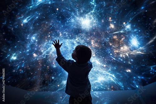 Child looking at his hands touching at the screen panel or window, space and abstract fractal elements on background