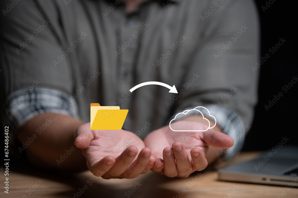 Obraz premium Data transfer through cloud technology Exchange data with modern internet technology that is fast and secure Internal document backup on online databases,Transfer files data system relocation concept