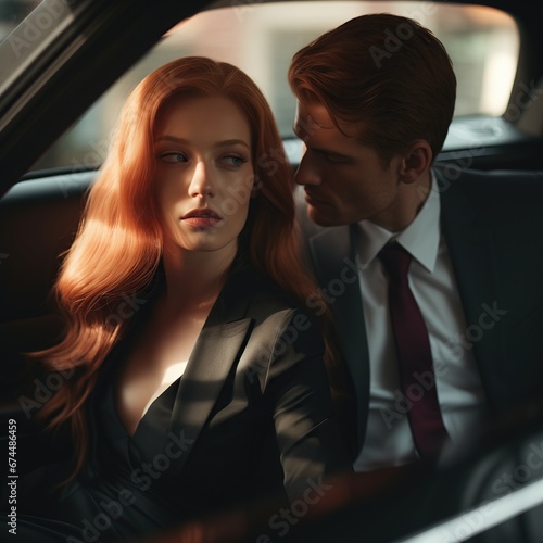 a realistic photo of a beautiful girl with ginger hair in businees suit flirting with blonde muscular guy who is driving a car.jpg, a realistic photo of a beautiful girl with ginger hair in businees s photo