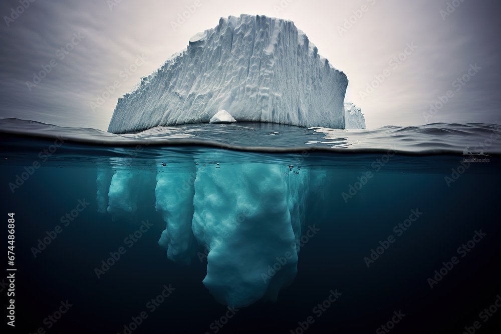 Iceberg above and below water illustration. AI generative. - obrazy, fototapety, plakaty 
