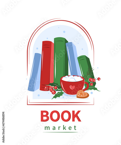 Book market. Layout design for bookstore, library. Books with winter holiday decor. Vector illustration