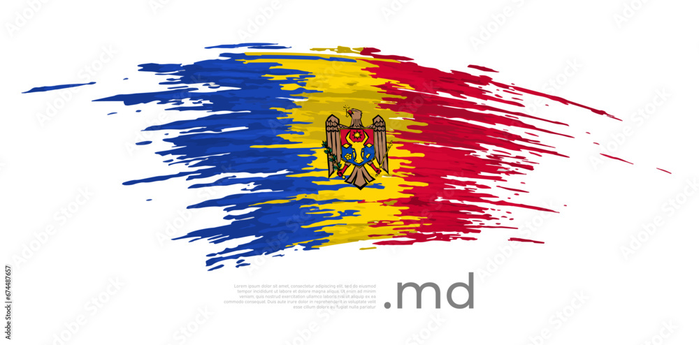 Moldova flag. Brush strokes, grunge. Stripes colors of the moldavian flag on a white background. Vector design national poster, template, place for text. State patriotic banner of moldova, flyer Moldova flag. Brush strokes, grunge. Stripes colors of the moldavian flag on a white background. Vector design national poster, template, place for text. State patriotic banner of moldova, flyer