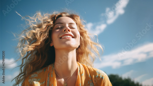 A Blonde woman breathes calmly looking up isolated on clear blue sky