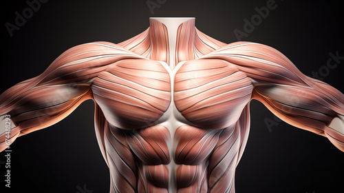 Muscle anatomy of male close up shot of upper front body 3d render.