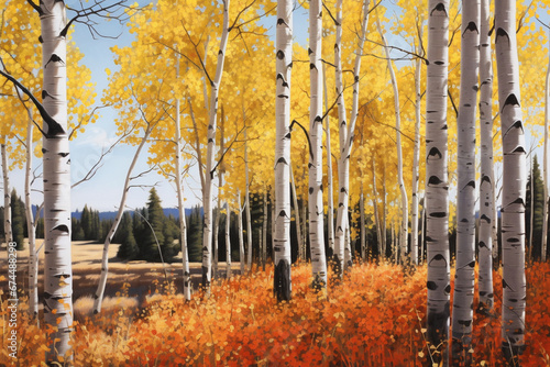 sharp background, a dense stand of aspen trees with white bark and brilliant yellow leaves backlit by a low angle sun