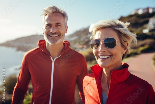 Adult Caucasian couple in sportswear jogging along a picturesque seashore. Cheerful mature athletic man and woman smiling while running in a beautiful fresh morning. Active lifestyle for all ages.