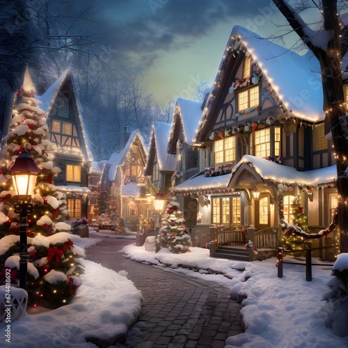 Christmas village in the evening with snowflakes and fir trees.