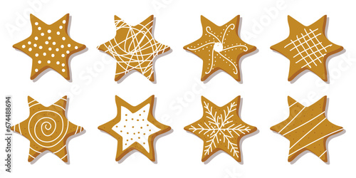 Set of gingerbread cookies with star shape and various pattern