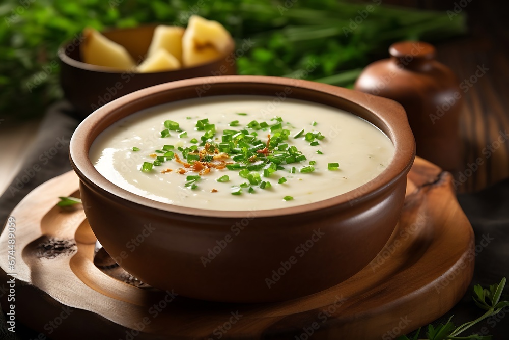 Generative AI : Bowl of creamy potato soup on wooden plate Generative AI : Bowl of creamy potato soup on wooden plate