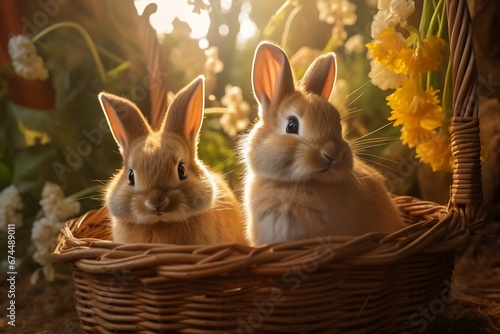 Generative AI : cute rabbits ensconced in wicker basket on table