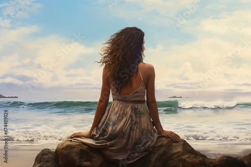 Generative AI : young latin woman sitting on the beach relaxing contemplating the ocean