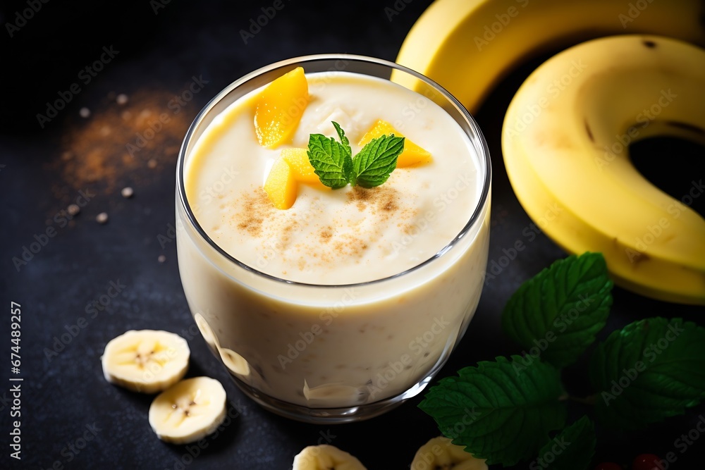 Generative AI : Banana smoothie with protein powder and nuts in a glass jar, healthy eating concept. Generative AI : Banana smoothie with protein powder and nuts in a glass jar, healthy eating concept.