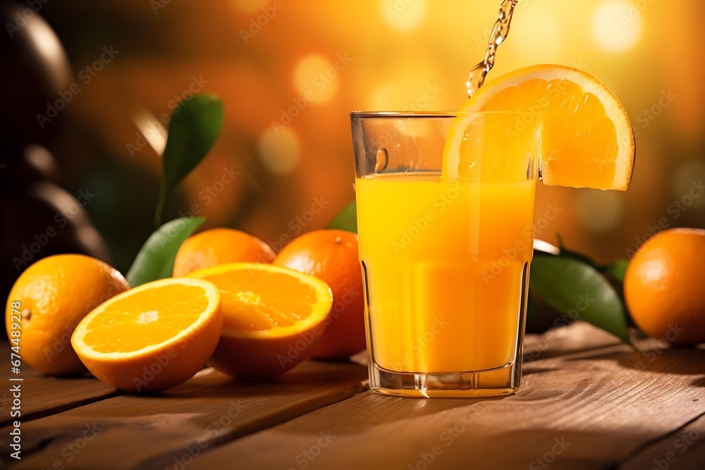 Generative AI : Orange juice being poured into glass on wooden table_ Generative AI : Orange juice being poured into glass on wooden table_