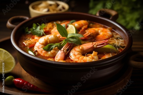 Generative AI : Tom Yum Goong Thai hot spicy soup shrimp with lemon grass