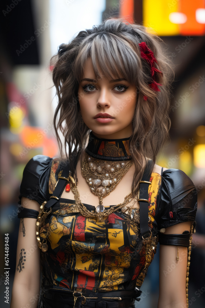 Woman with necklace and choker on.