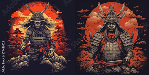 Set of Japan Samurai printing design for t-shirt
