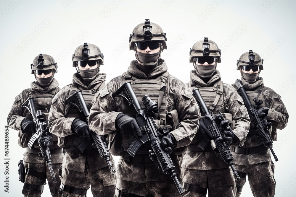 Group of soldiers with guns and helmets on, all wearing full gear.