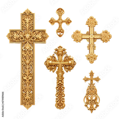 set of antique christian crosses isolated on transparent background