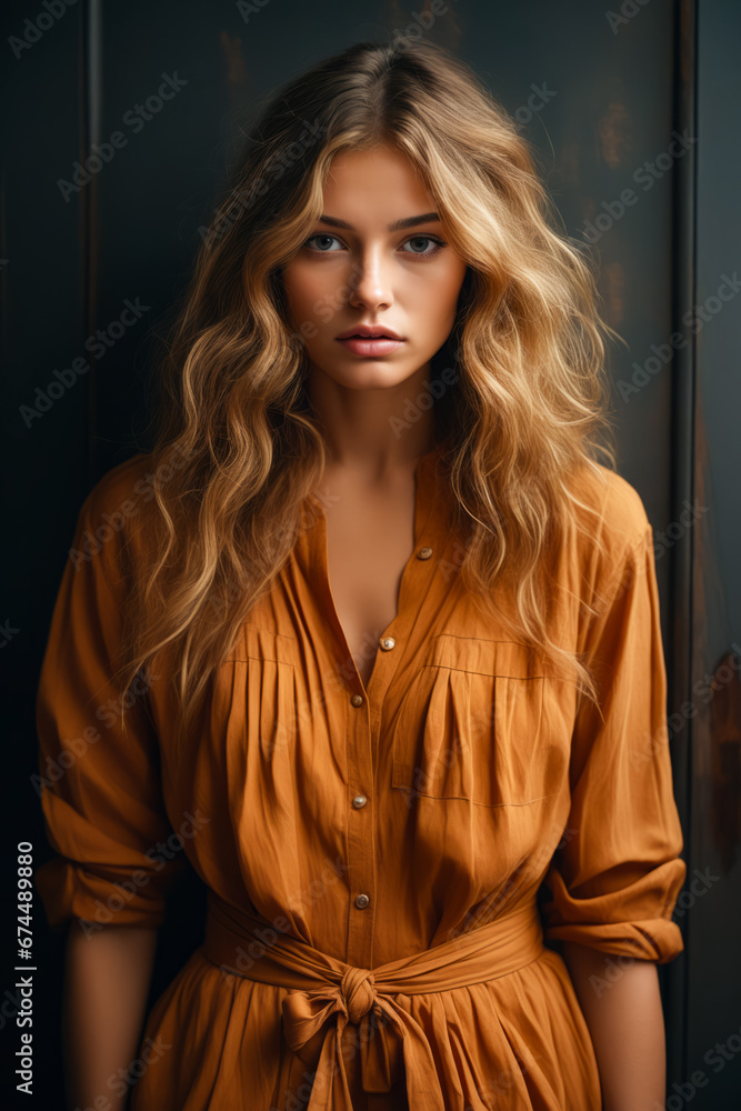 Woman with long blonde hair wearing brown shirt.
