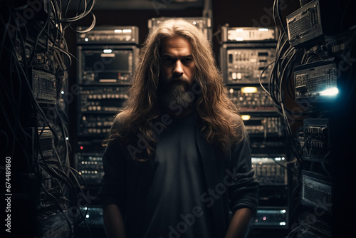 Man with long hair and beard standing in front of rack of computer equipment.