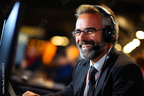 Man wearing headset and smiling at the camera.