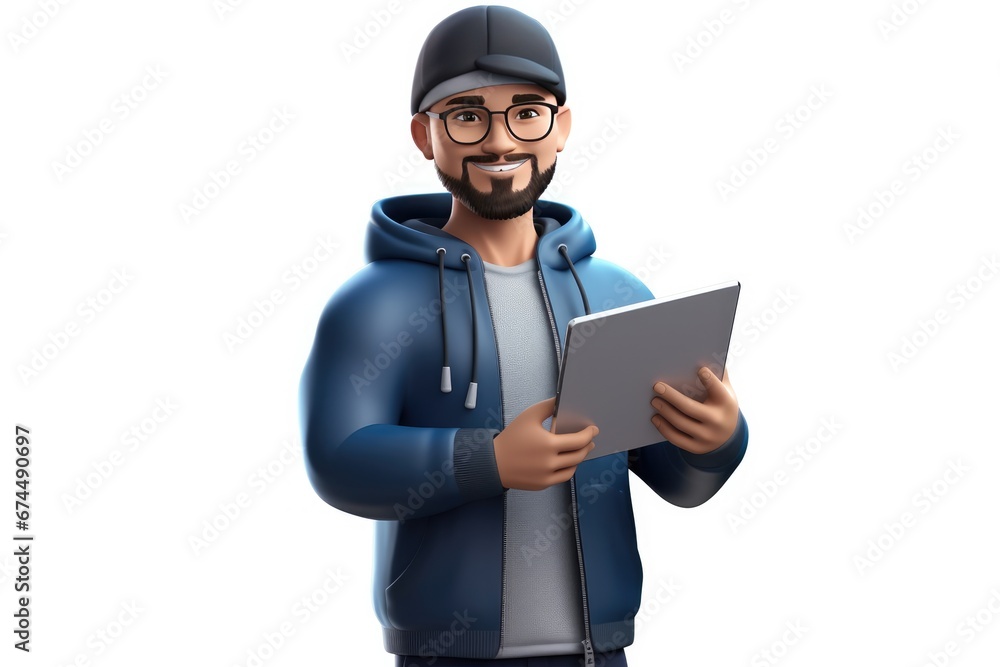 Stylish 3D Avatar Cartoon Character With Tablet On White Background Stylish 3D Avatar Cartoon Character With Tablet On White Background