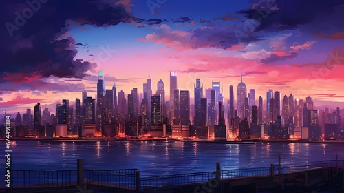 Panoramic view of Manhattan skyline at sunset, New York City