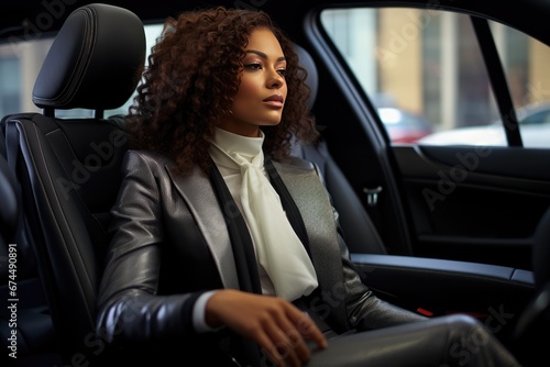 Successful Black Woman In Business Suit In Luxurious Car © Anastasiia
