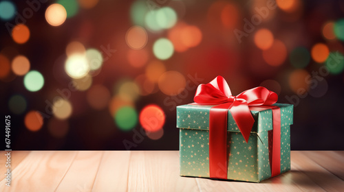 Wallpaper Mural Christmas Magic Unveiled: Wrapped Gift Box with Ribbon on Wooden Table. Torontodigital.ca