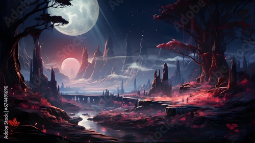 Fantasy alien planet. Mountain, river and city at night. 3D illustration © Iman