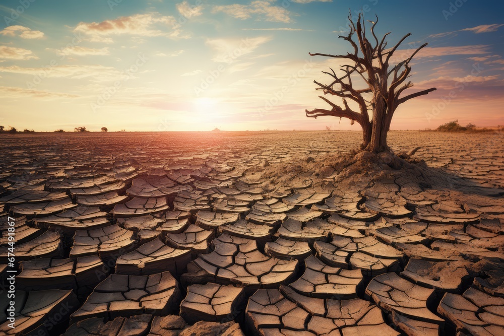 Global warming concept. Lonely dead tree under a dramatic evening sunset sky on a drought-cracked desert landscape with a dry river - obrazy, fototapety, plakaty 