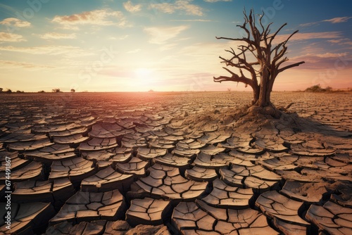 Global warming concept. Lonely dead tree under a dramatic evening sunset sky on a drought-cracked desert landscape with a dry river